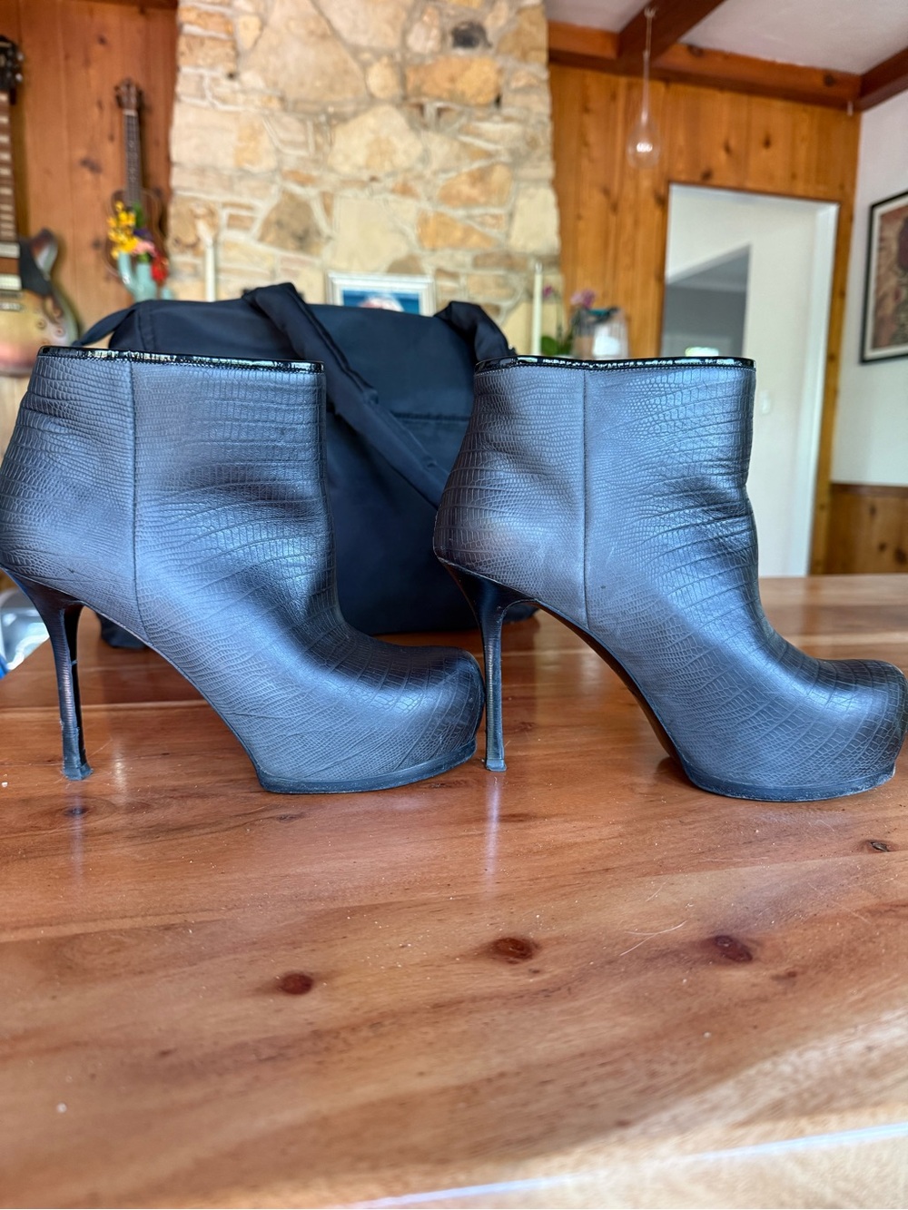 Yves Saint Laurent Black Textured Platform Ankle Booties